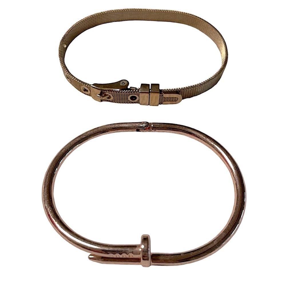 Two Gold Tone Metal Bracelets Nail Open & Shut Bangle and Buckle Style Closure